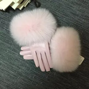 新款上市时尚冬季女性真皮手套户外粉色优雅蓬松狐狸毛女童手套