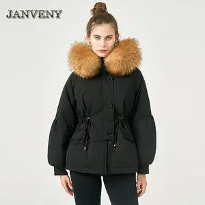 JANVENY 2022新款冬季厚保暖巨大真毛连帽羽绒服女腰部伸缩派克防水绗缝河豚外套