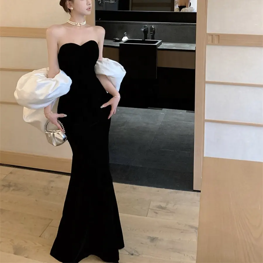 Femmes élégantes mode Slim Fit sac hanche velours léger luxe noir Banquet fête Sexy soutien-gorge robe de soirée
