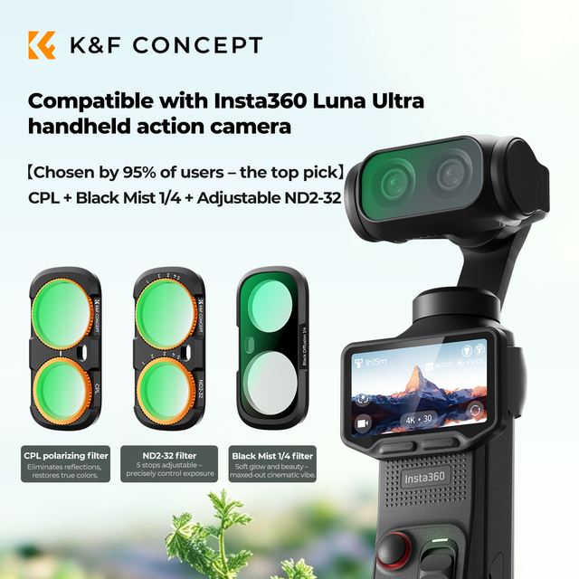 K&F Concept Lens Filter Set for Insta360 Luna Ultra Black Diffusion 1/4 Filter CPL Filter Adjustable ND2-32 Filter Magnetic HD
