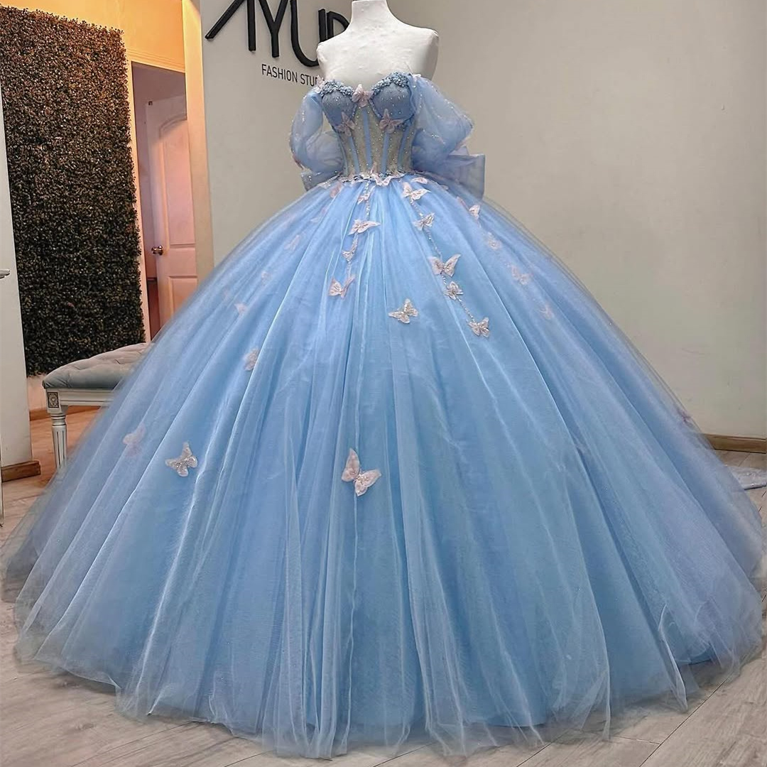 Ruolai QD013 Light BLue Factory Wholesale Beaded Butterfly Sleeveless  Corset Sweet 16 Princess Tulle Ball Gown for Girls| Alibaba.com