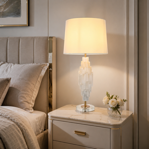 Lampada da Comodino Moderna in <span class=keywords><strong>Cristallo</strong></span> di Selenite Naturale Traslucido a Più Livelli con <span class=keywords><strong>Paralume</strong></span> in Tessuto per Camera da Letto e Soggiorno - Product Image 2