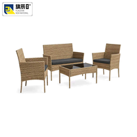 Ensemble de canapés en rotin d'extérieur, ensemble de meubles de patio 4 pièces avec 2 fauteuils individuels et table basse en verre noir