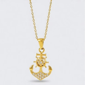 Collana con Modello <span class=keywords><strong>di</strong></span> Nave Pirata Vintage all'Ingrosso, Prezzo <span class=keywords><strong>di</strong></span> Fabbrica, Ciondolo Ancora Placcato Oro 18K Impermeabile con Zirconi - Product Image 1