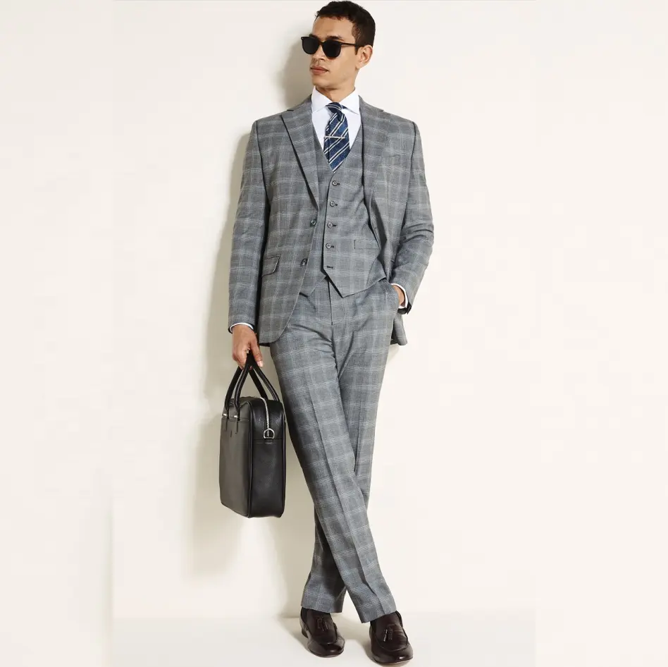 High quality blazer vest pant 3 pieces custom single breasted gray business checked suits for men