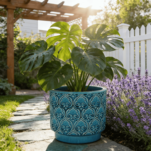 Grand pot de fleurs en céramique émaillée turquoise vintage américain, écologique, durable, avec trou de drainage, pour intérieur/extérieur - Product Image 3