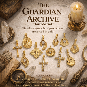 L'Archivée du Gardien |   Charmes protecteurs vintage en acier inoxydable plaqué or 18K PVD |   Pendentifs rétro en forme de croix, amulette et talisman - Product Image 1