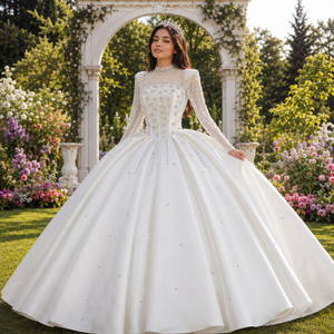 Lscm104 Luxury <b>Wedding</b> Dress Full Satin Skirt Sheer Beaded Crystal Floral Corset Princess Bridal Ball Gown Jancember - Product Image 1