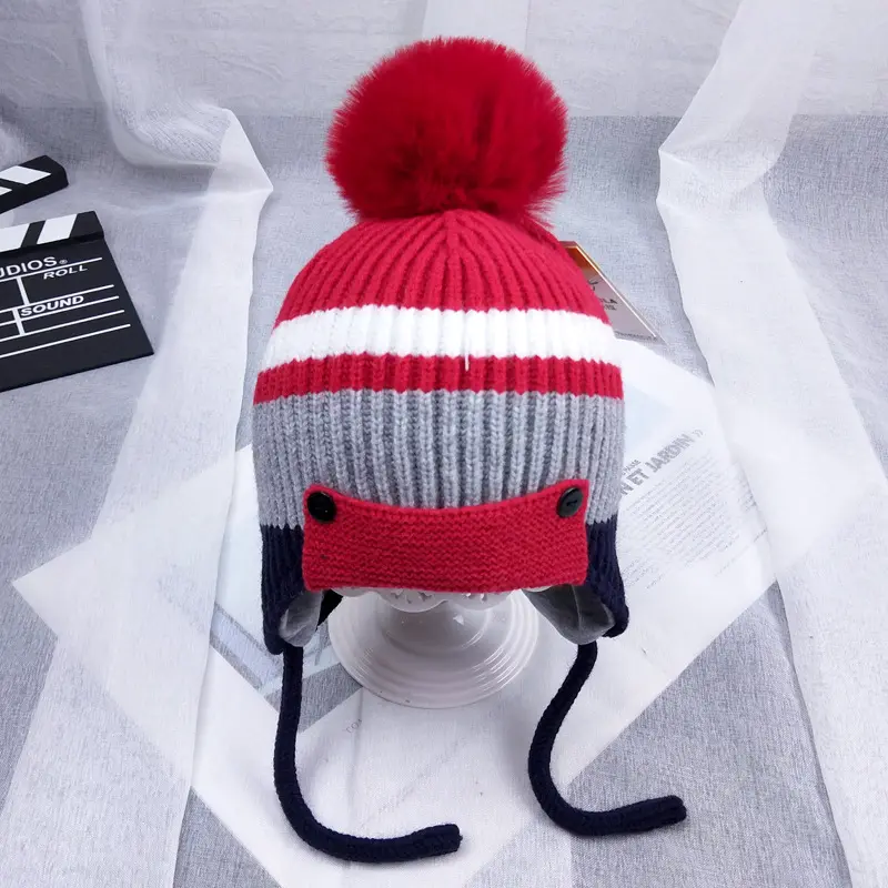 Winter Snoep Kleur Grote Push Bal Warm Haak Baby Hoeden Met Oorkleppen Unisex