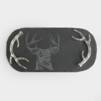 Grand plateau de service ovale gris foncé écologique de luxe en ardoise et métal avec poignées en bois de cerf, plateau à fromage pour cadeaux
