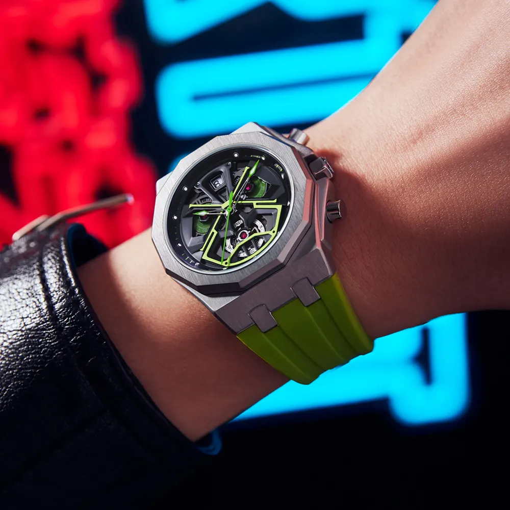 LILUOKE卸売腕時計クォーツ時計ステンレススチールケースシリコンストラップ防水ファッション時計男性用スポーツウォッチ