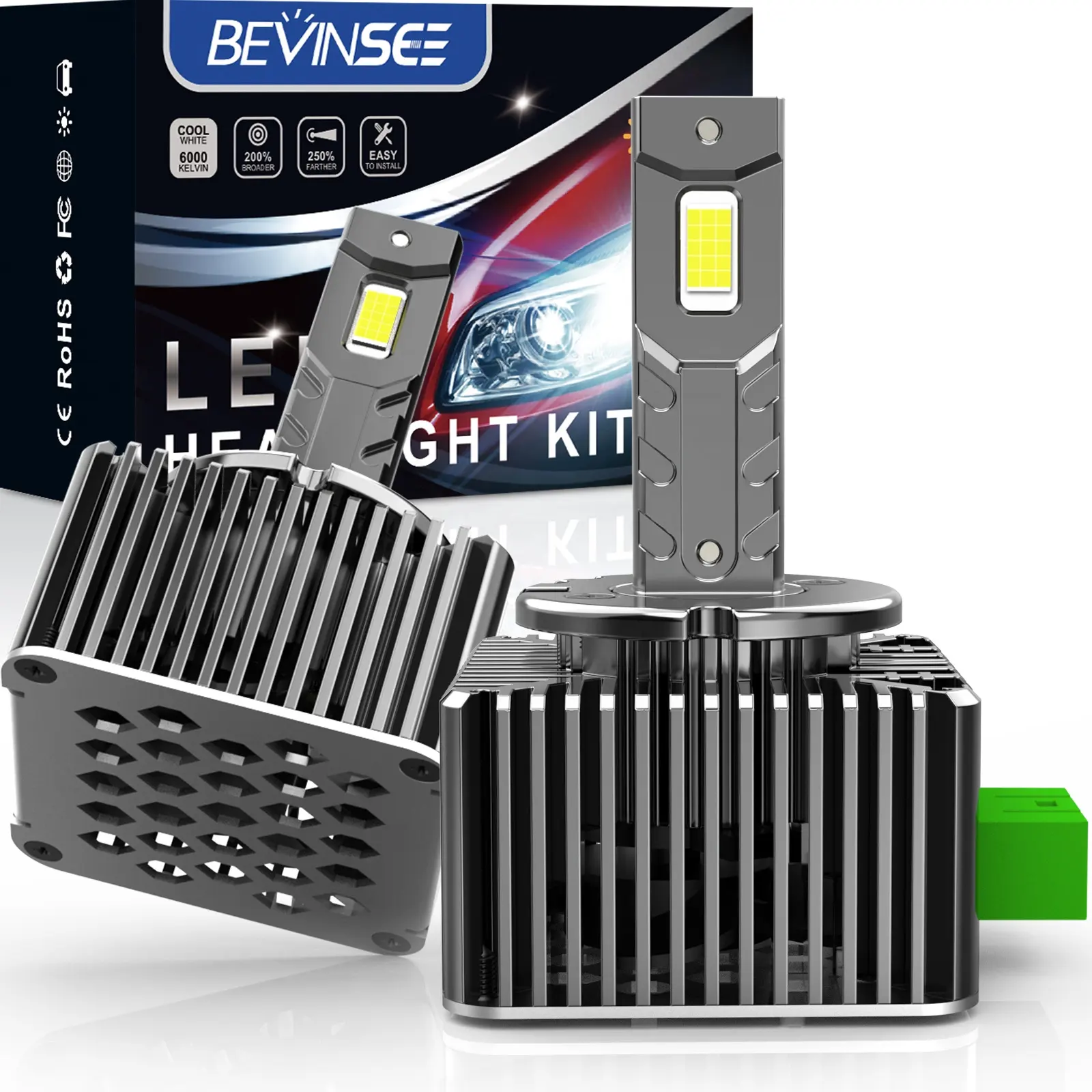 Bevinsee หลอดไฟ LED D3S ไฟสูง2x 6000K ไฟซีนอนสีขาวอะไหล่หลอดไฟหน้า LED D3S