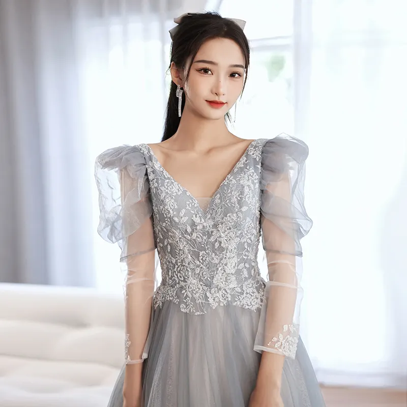 2021 New Gray Evening Dresses O-Neck Off the Shoulder Long Elegant Appliques Beading Prom A-Line Formal Wedding Guests Gowns