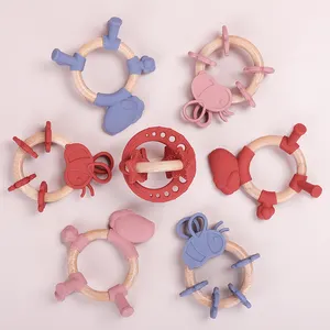 Food Grade Material Baby Silicone Teethers Baby Teething Toys Silicone Wooden Set Easy To Hold Chew Toys