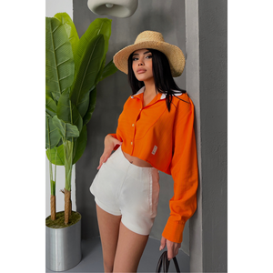 Crop top orange vintage à motifs floraux et unis en coton tissé avec détail logo sur col blanc, taille XL - Décontracté pour le printemps et l'été - Product Image 1
