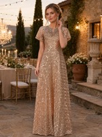 Robe de soirée champagne dorée à sequins, col en V, manches volantées, coupe trapèze, longueur ras du sol, pour mère de la mariée, vente en gros
