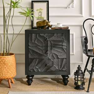 Coffre de rangement à 3 tiroirs INNOVA Home, style vintage farmhouse, pour salon d'hôtel, en bois sculpté noir, écologique et peu encombrant - Product Image 1