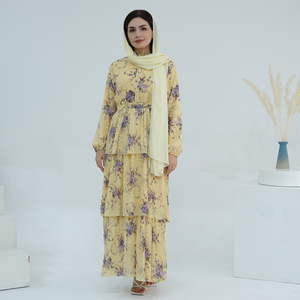 Eid <span class=keywords><strong>Abaya</strong></span> Muslimische Damenmode Islamische Kleidung Bescheidene Kleider Sommer 3-Lagiges Chiffon Blumenkleid - Product Image 1