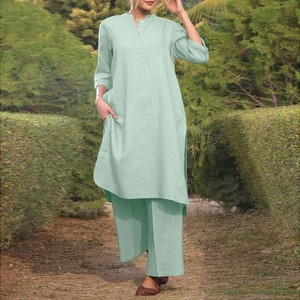 Ensemble 2 pièces en coton et lin pour femmes grandes tailles, col en V, manches 3/4, pantalon large, costume décontracté, SMLXL2XL3XL4XL5XL, couleur unie - Product Image 5