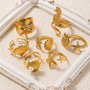 Étanche 18K Plaqué Or Acier Inoxydable Style Océan Étoile De Mer Hippocampe Coquille Ouvert <span class=keywords><strong>Anneau</strong></span> Réglable pour Femmes Bijoux De Mode - Product Image 2