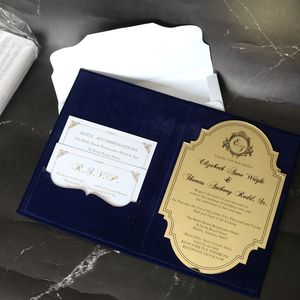 Venta caliente de lujo de tapa dura Borgoña <span class=keywords><strong>rojo</strong></span> azul marino terciopelo RSVP folleto de bolsillo espejo dorado acrílico invitaciones de boda - Product Image 3