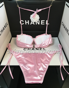 Maillot de bain bikini rose en satin pour femme, fait main, avec perles et coquillages de sirène, ensemble 2 pièces, motif géométrique tricoté, respirant, tenue de plage - Product Image 2