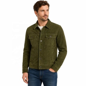 Chaqueta Trucker Personalizada de Cuero de Cabra Color Oliva, Estilo Casual Elegante, con Solapa Puntiaguda, para Hombre, de Piel de Cabra, Cierre de un Solo Botón - Product Image 1