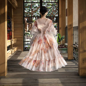 Abito Estivo Personalizzabile Stile Vacanza con Vita Impero, Scollo a V, Maniche a Sbuffo in Pizzo, Casual, Lunghezza Midi, Stampa Floreale Rosa Effetto Pittura a Olio per Donne - Product Image 3