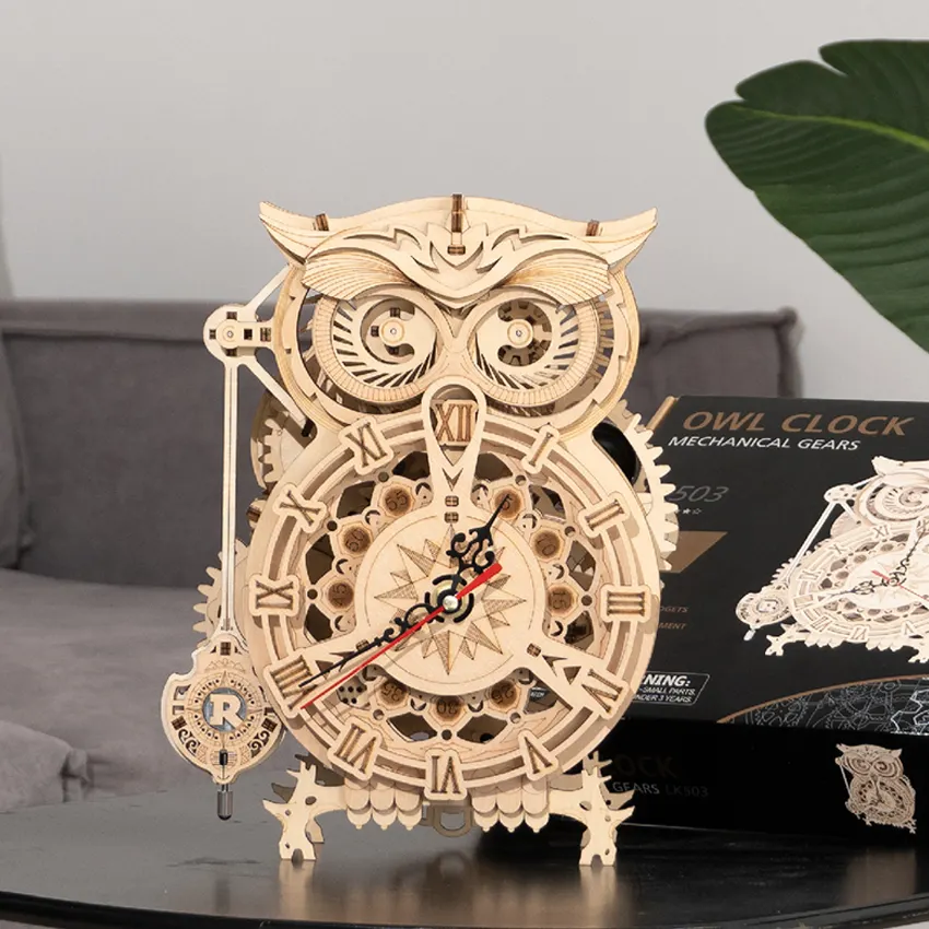 CPC-zertifiziertes Robot ime Rokr Lernspiel zeug LK503 Hand gefertigte zusammen gebaute Eulen uhr 3D DIY Holz puzzles Holzhandwerk