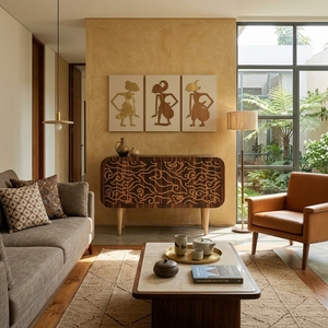 Buffet en bois massif de style moderne du milieu du siècle avec incrustation Batik Mega Mendung - Product Image 2