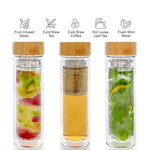 Bouteille à thé en verre borosilicate à double paroi, anti-fuite, avec infuseur en acier inoxydable et couvercle en bambou, 350 ml, 400 ml, 500 ml, pour le bureau et les voyages - Product Image 2