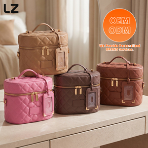 Sac de toilette en cuir matelassé LZ Factory, trousse de maquillage, pochette de voyage cosmétique, organiseur pour femmes, étiquette de bagage détachable, boîte rose - Product Image 1