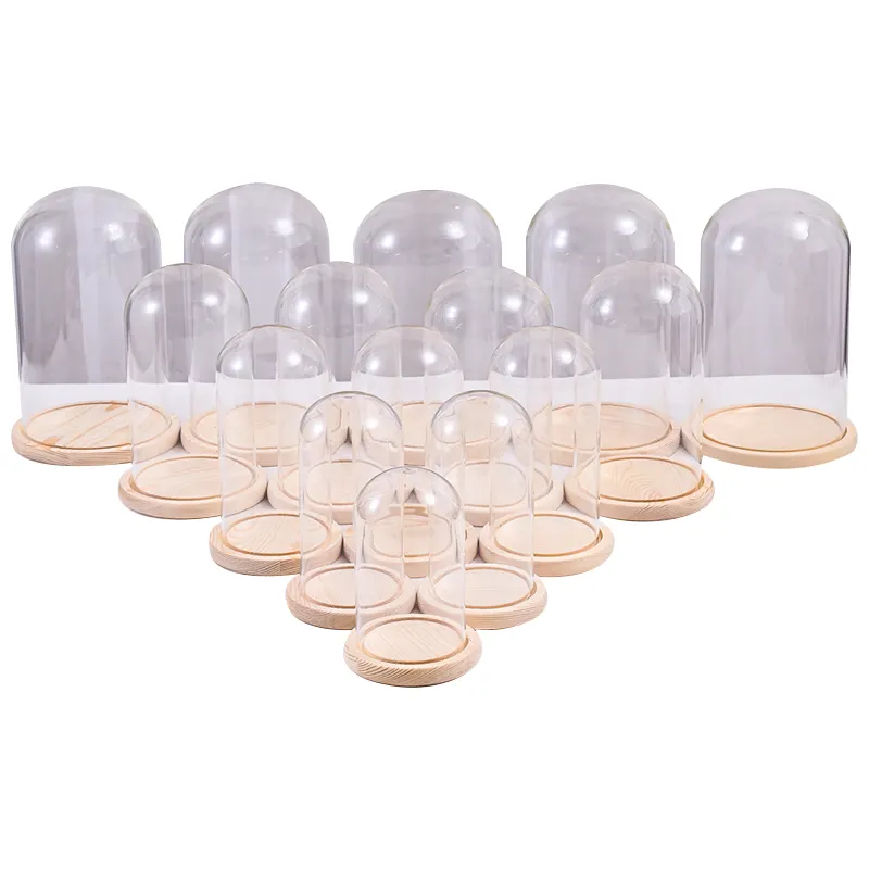 Customize U shape Round Dome Flower Display Decorative Large Size Glass Cover With Wooden Base