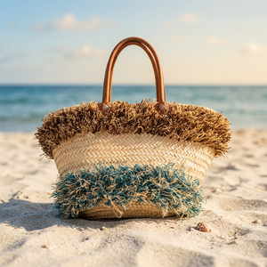 Natural Baskets Handmade Straw Weaving Basket Natural Color Fringe Design Beach Style Storage Container Christmas Halloween - Product Image 1