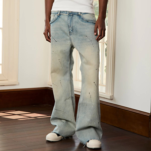 Fabricant de pantalons personnalisé délavé imprimé bleu surdimensionné cloche bas <span class=keywords><strong>Bootcut</strong></span> en détresse Vintage Denim pantalon évasé Jeans hommes - Product Image 1