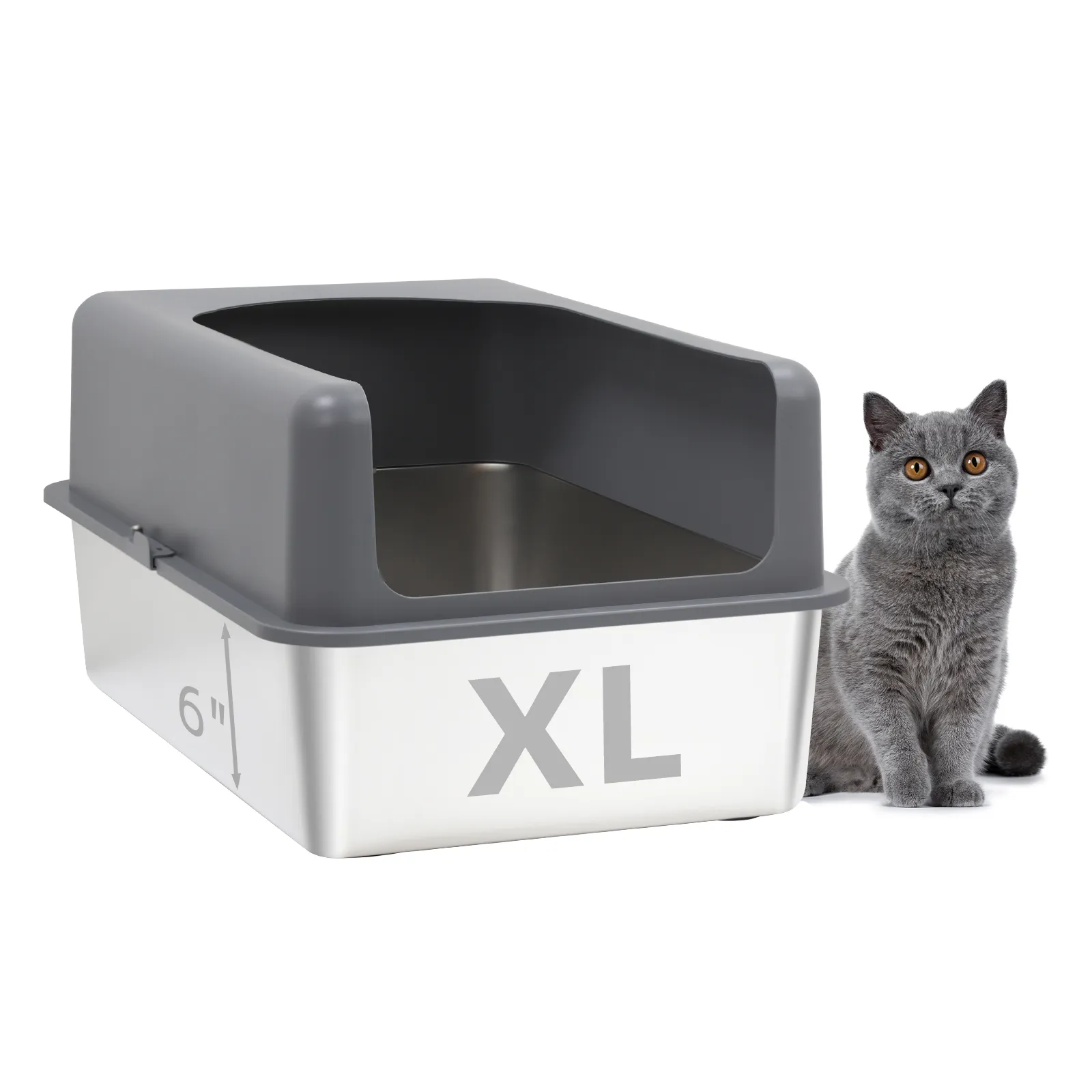 स्टेनलेस स्टील बिल्ली कूड़े का डिब्बा ढक्कन के साथ ऊंची तरफ, मानसिक बिल्ली कूड़े का डिब्बा, साफ करने में आसान अतिरिक्त बड़ा कूड़े का डिब्बा (24''Lx16''Wx6''H)