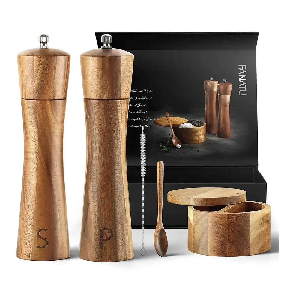 Премиум-набор включает в себя 8-дюймовую мельница для перца из соли и дерева, инструменты для измельчения соли и перца с вращающейся крышкой, идеальный подарок