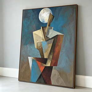 Pintura al Óleo Pintada a Mano de Inspiración Vintage, Cubismo, Figura Humana Geométrica, Paisaje Lunar, Arte de Pared en Lienzo - Product Image 3