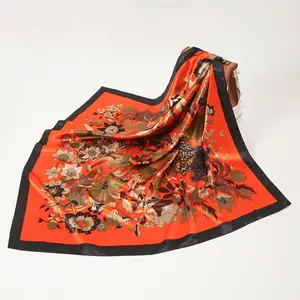 Elegant lady style plant flower silk scarf 90cm square scarf Indonesia West Asia women's headscarf