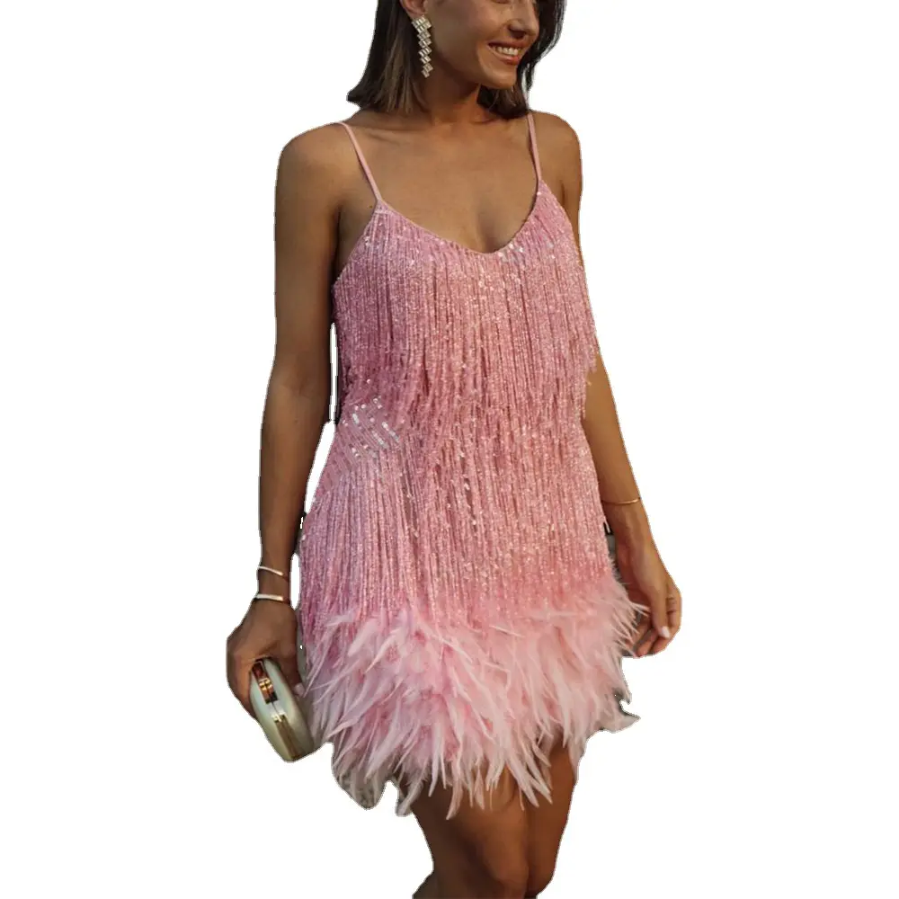 Sexy Tassel Sequins Feather Mini Dress Women Fashion Spaghetti Dresses Female Elegant Evening Dresses