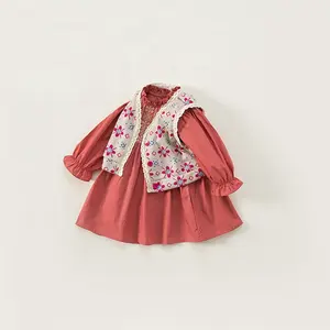 Kids Wears Girls Vest Dress Kids Suit Skirt Gold thread embroidery ruffles small standing collars princess dress set for girl