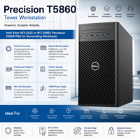 Station de travail en tour Precision T5860, processeur Intel Xeon W3-2423 ou W7-2495X, alimentation 1350W, ordinateur de bureau pour l'IA d'entreprise et le CAO