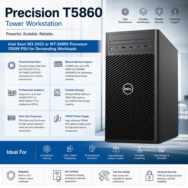 Precision T5860 Tower Workstation Intel Xeon W3-2423 or W7-2495X Processor 1350W PSU Enterprise AI CAD Desktop Computer