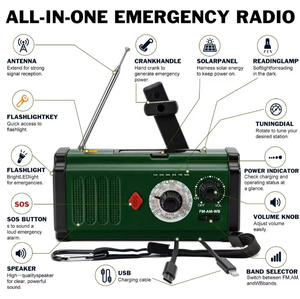 <span class=keywords><strong>Radio</strong></span> météo d'urgence intégrée avec double câble AM FM WB, manivelle solaire, batterie externe 2000mAh 18650, lampe torche LED 1W, SOS, IPX3 - Product Image 3
