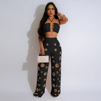 Ensemble Deux Pièces Femme Tendance Streetwear Haut Court Sexy Licou Sans Manches Évidé et Pantalon Court Léopard Ample au Genou avec Anneau Unique