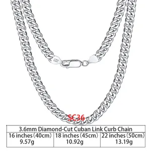 RINNTIN SC36 925 Correntes De Prata Esterlina Hip Hop Jewelry 3.6/5/7mm Diamond-Cut Cubano Chain link Chunky Colar para Mulheres Dos Homens