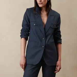 YUNNES Fabricante de ropa experimentado Bolsillos delanteros Blazer Mujeres Chambray Long Ladies Blazers