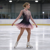 Robe de patinage et de danse pour enfants et adultes, dégradé noir et rose, col montant, manches longues en maille, dos orné de feuilles en strass, pour compétition et spectacle de patinage artistique