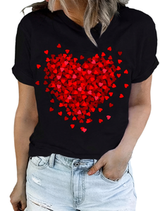 T-shirt da donna in puro cotone con stampa a cuore, manica corta, girocollo, casual, per l'estate e la primavera - Product Image 1