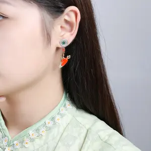 HAIKE Original 925 Sterling Silver Long Chinese Fu Plated Rhodium Gold Zircon Red Rabbit Carrot Drop Earring